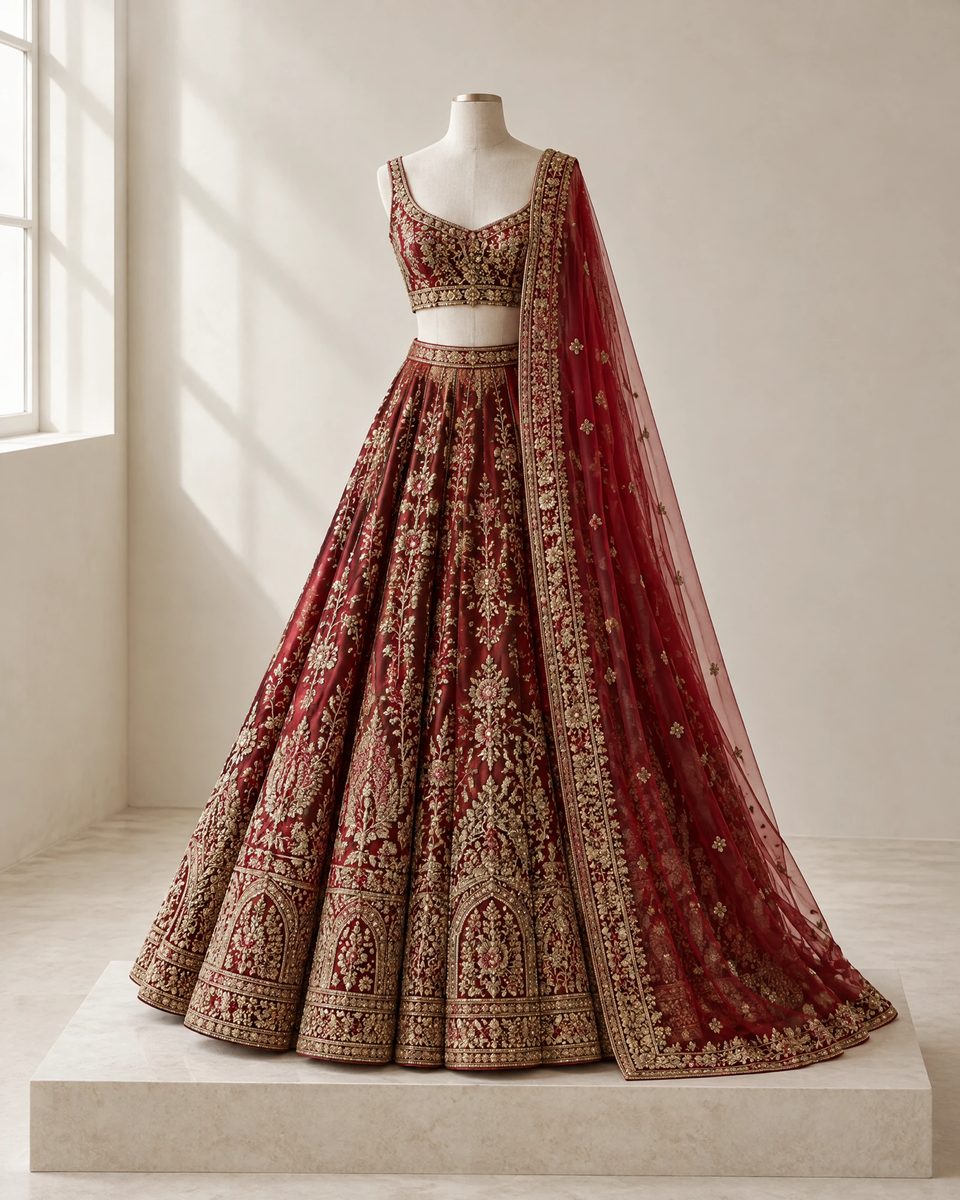 Illustration of the Crimson Bridal Lehenga